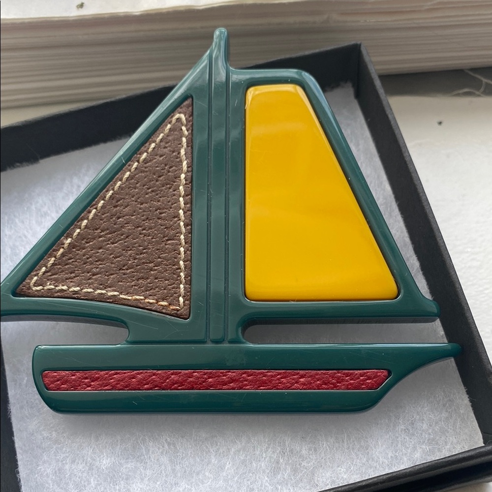 1990’s Prada Resin Yellow ,
Red , Brown leather Sailboat brooch